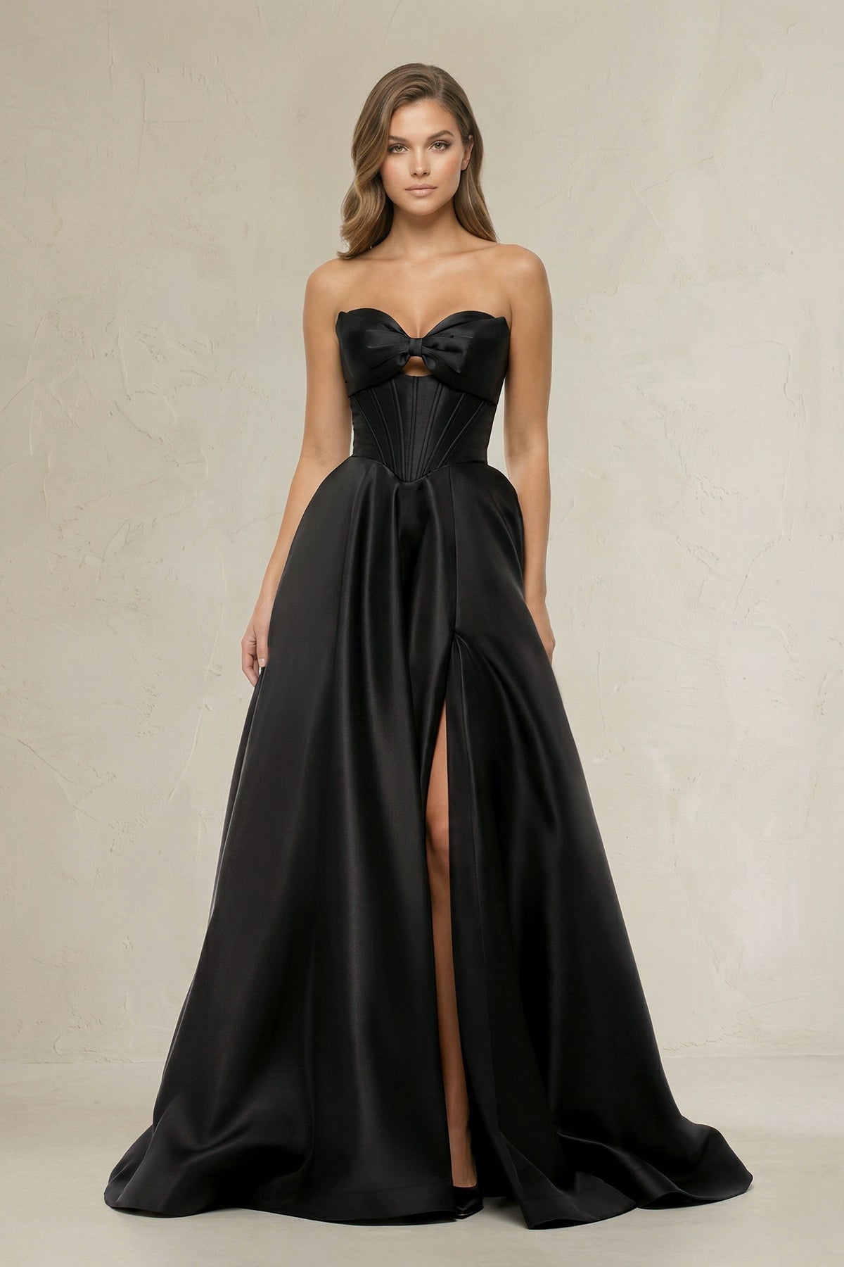 KissProm Sweetheart A-Line Satin Corset Wedding Dress with Bow in Black, Black / 20