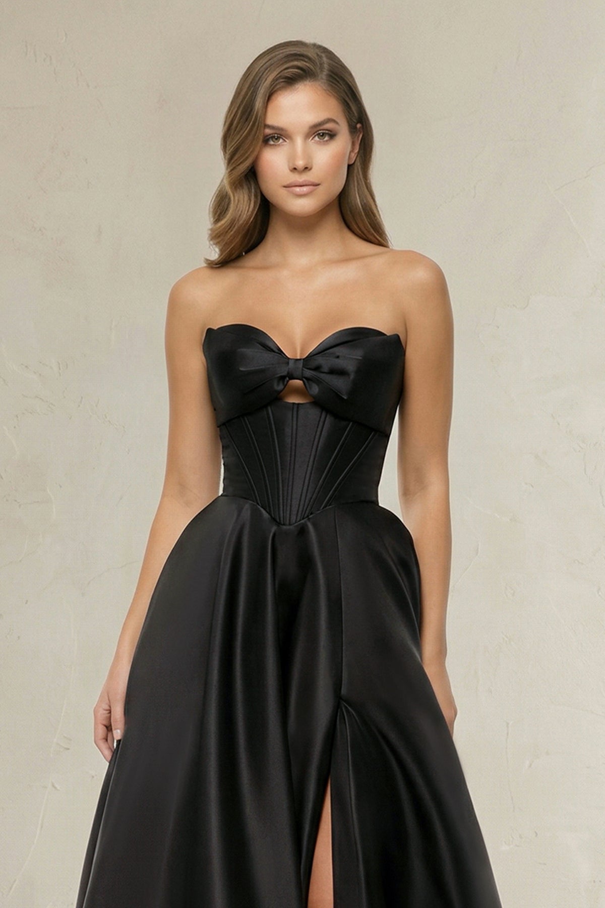KissProm Sweetheart A-Line Satin Corset Wedding Dress with Bow in Black, Black / 20
