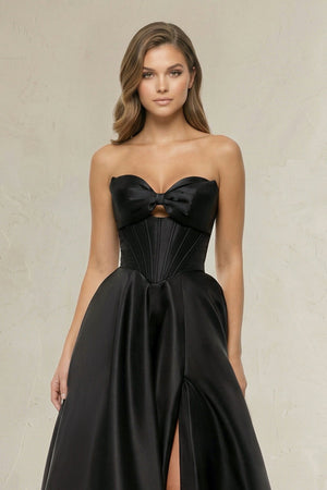 Sweetheart A - Line Satin Corset Wedding Dress with Bow in Black - KissProm Wedding Dresses