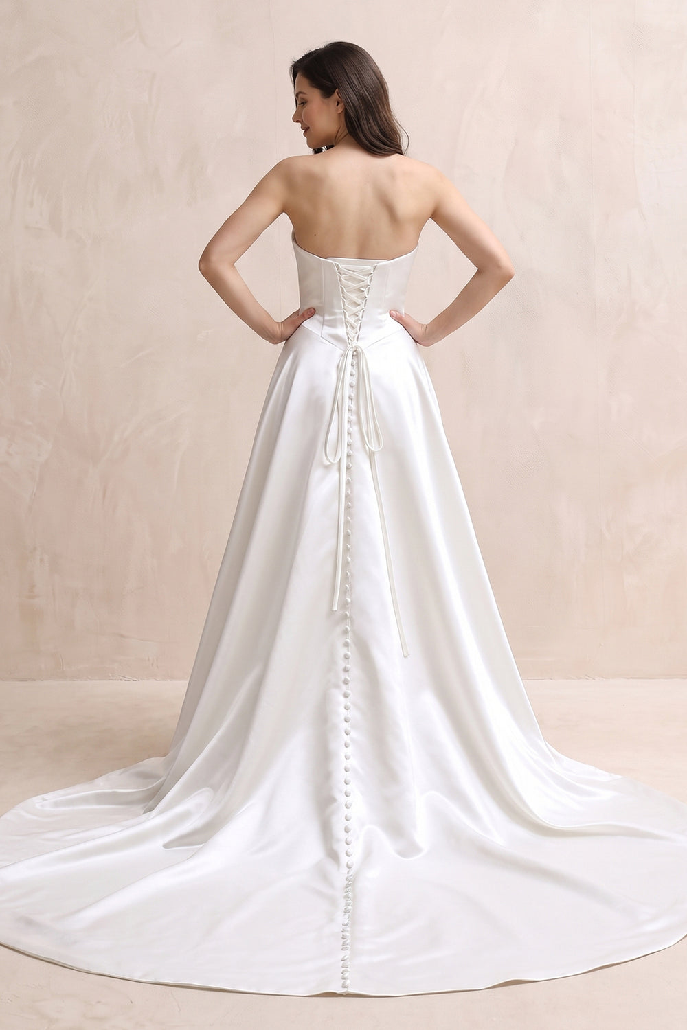 White Strapless A - Line Satin Ruched Wedding Dress in White - KissProm Wedding Dresses