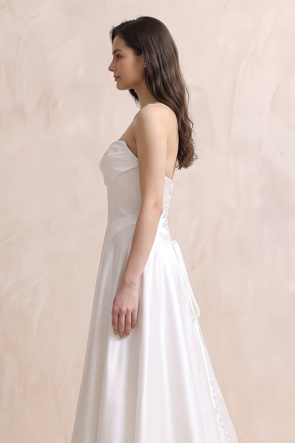 White Strapless A - Line Satin Ruched Wedding Dress in White - KissProm Wedding Dresses