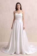 White Strapless A - Line Satin Ruched Wedding Dress in White - KissProm Wedding Dresses