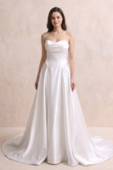 White Strapless A - Line Satin Ruched Wedding Dress in White - KissProm Wedding Dresses