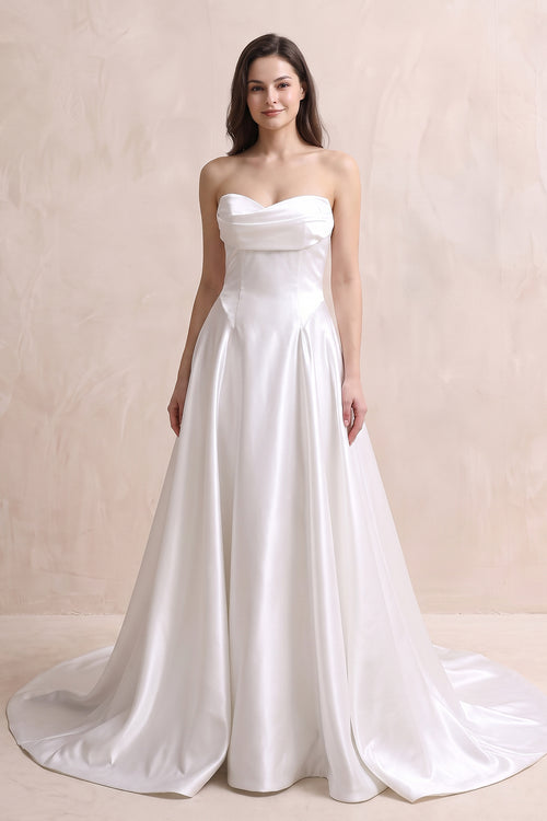 White Strapless A - Line Satin Ruched Wedding Dress in White - KissProm Wedding Dresses