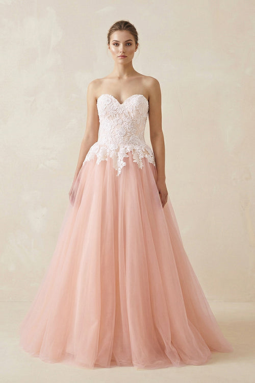 Sweetheart A - Line Tulle Appliqued Wedding Dress in Pink - KissProm Wedding Dresses