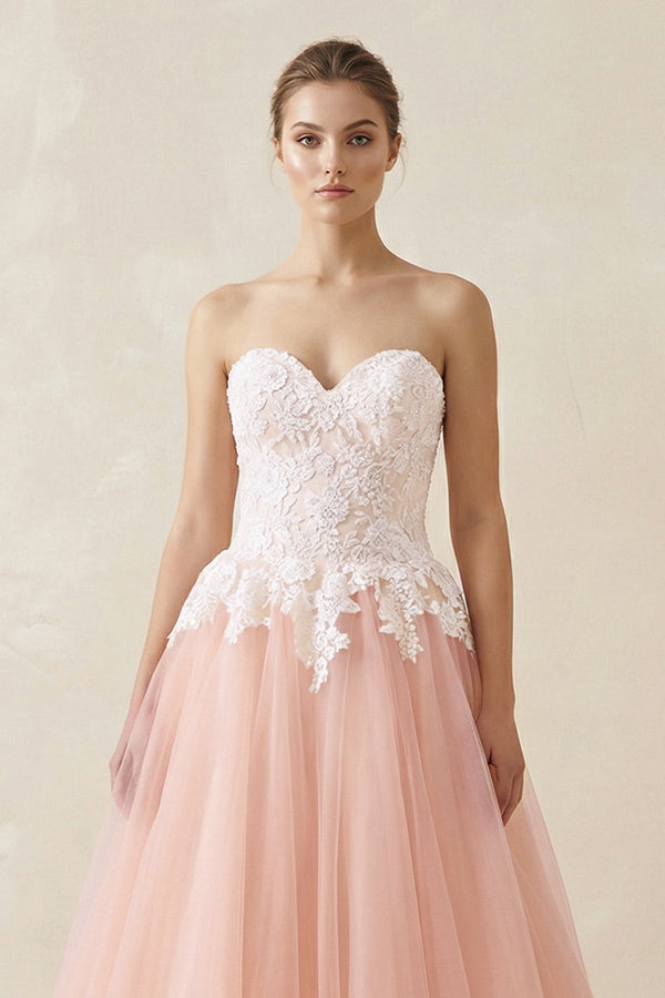 Sweetheart A - Line Tulle Appliqued Wedding Dress in Pink - KissProm Wedding Dresses