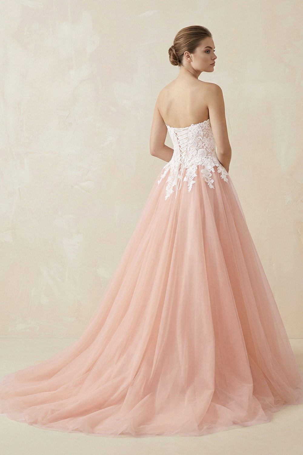 Sweetheart A - Line Tulle Appliqued Wedding Dress in Pink - KissProm Wedding Dresses
