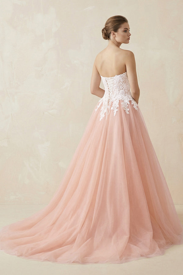 Sweetheart A - Line Tulle Appliqued Wedding Dress in Pink - KissProm Wedding Dresses