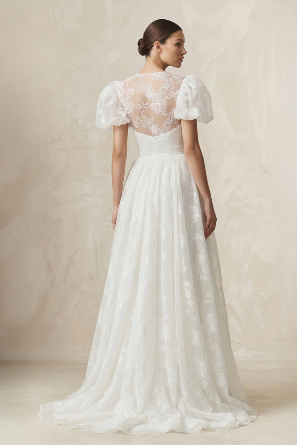 Sweetheart A - Line Tulle Puff Sleeve Wedding Dress in Ivory - KissProm Wedding Dresses