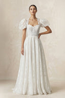 Sweetheart A - Line Tulle Puff Sleeve Wedding Dress in Ivory - KissProm Wedding Dresses