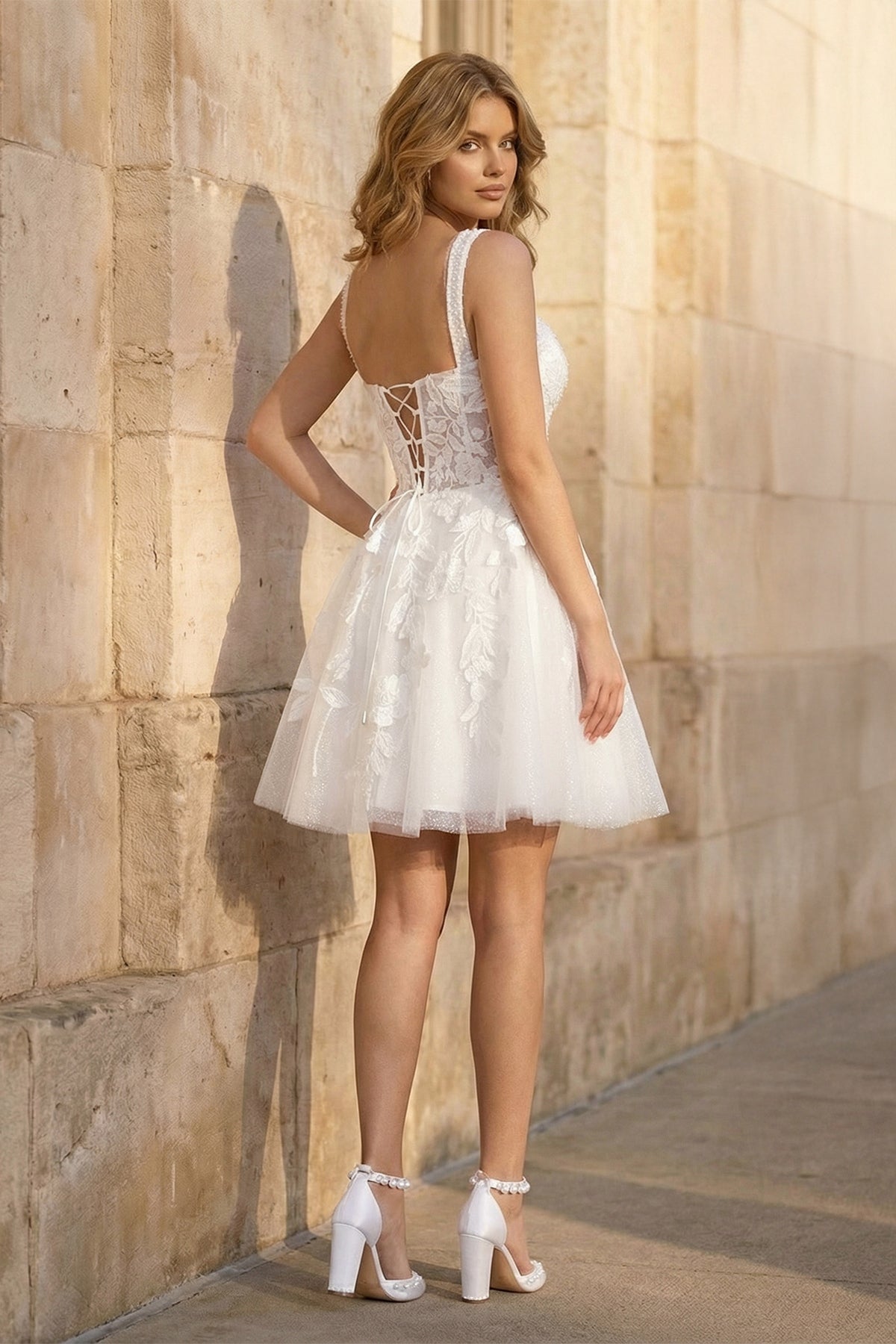 Unqiue A-Line Sweetheart Sequin Short Wedding Dress with Appliques, Diamond White / 10