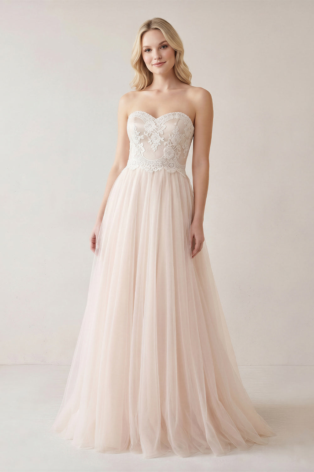 KissProm Sweetheart A-Line Tulle Lace Appliques Sleeveless Wedding Dress, White-Nude / 2
