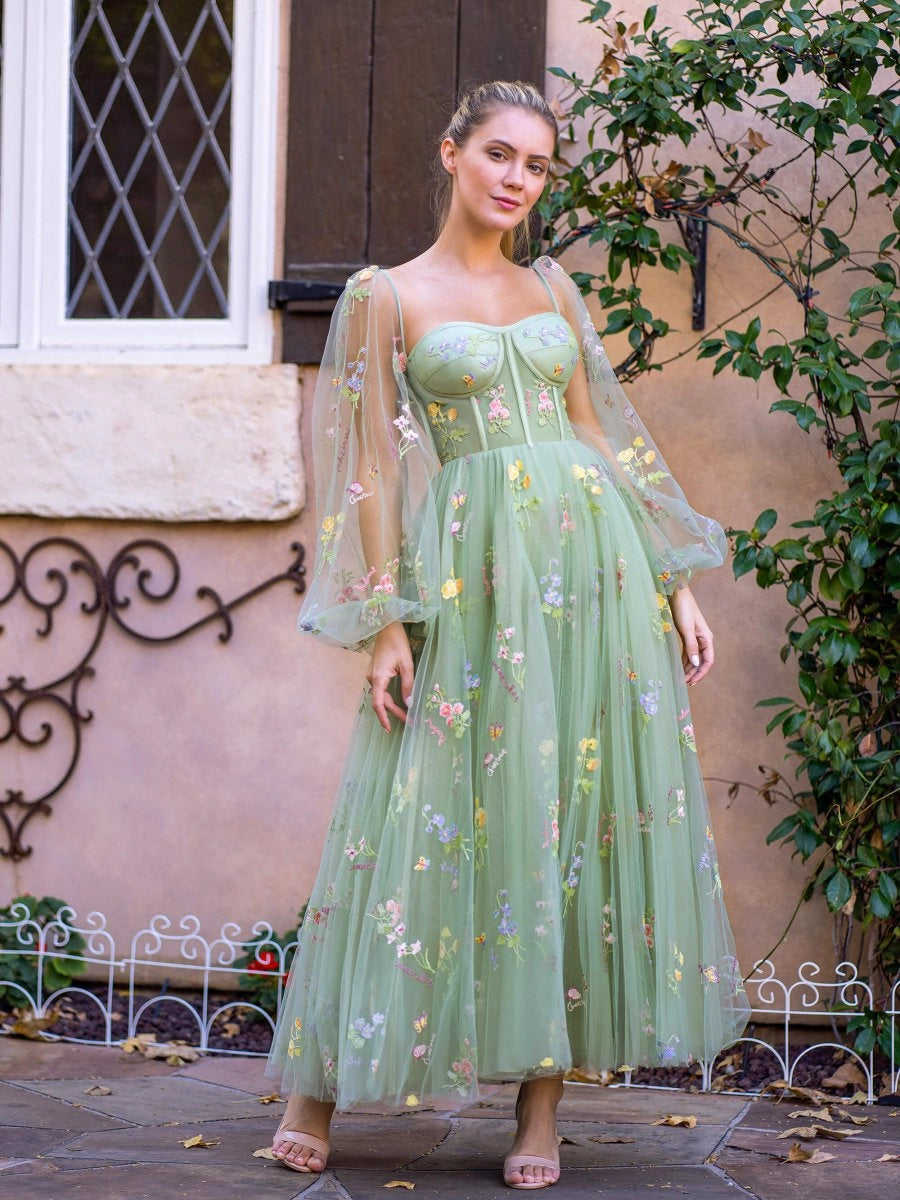KissProm Square Neck Embroidery Tea-Length Tulle Puff Sleeves Floral Corset Prom Dress, Green / 10