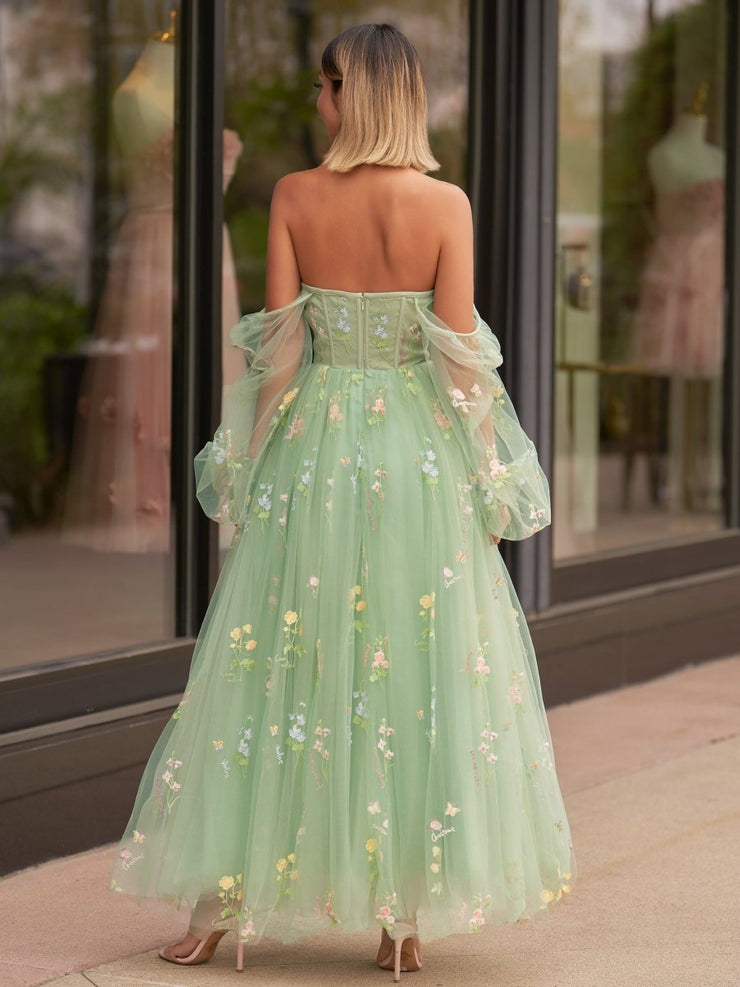 Sweetheart Ruffles Tulle Floral Print Prom Dress With Slit