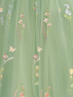 Sweetheart Embroidery Tea-Length Tulle Puff Sleeves Floral Corset Prom Dress