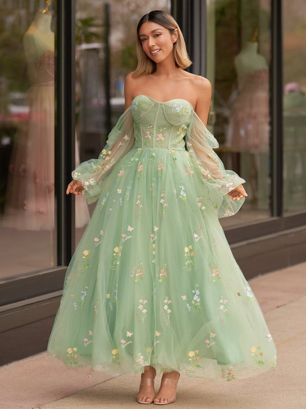 Sweetheart Embroidery Tea-Length Tulle Puff Sleeves Floral Corset Prom Dress