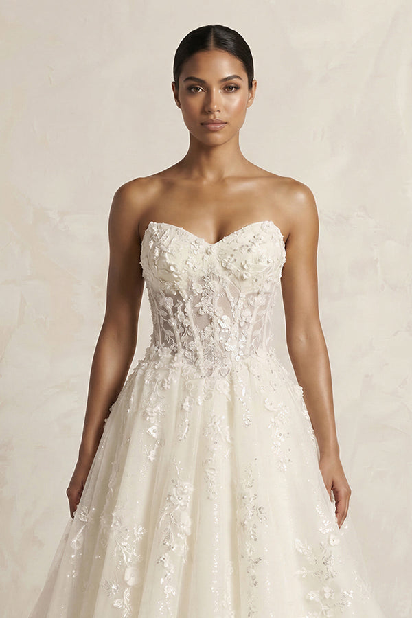 Sweetheart Appliqued Corset A - Line Wedding Gown in Ivory - KissProm Wedding Dresses