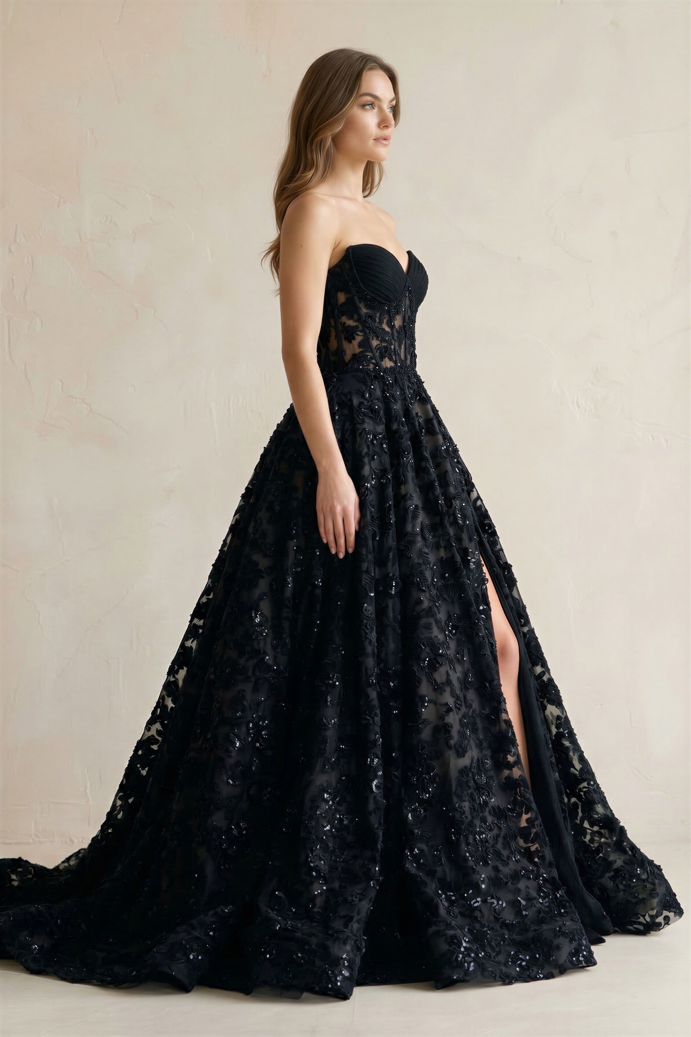 Sweetheart Appliqued Corset Lace Ball Gown Wedding Dress With Slit in Black, Black / 28 Sweetheart Appliqued Corset Lace Ball Gown Wedding Dress With Slit in Black, Black / 28