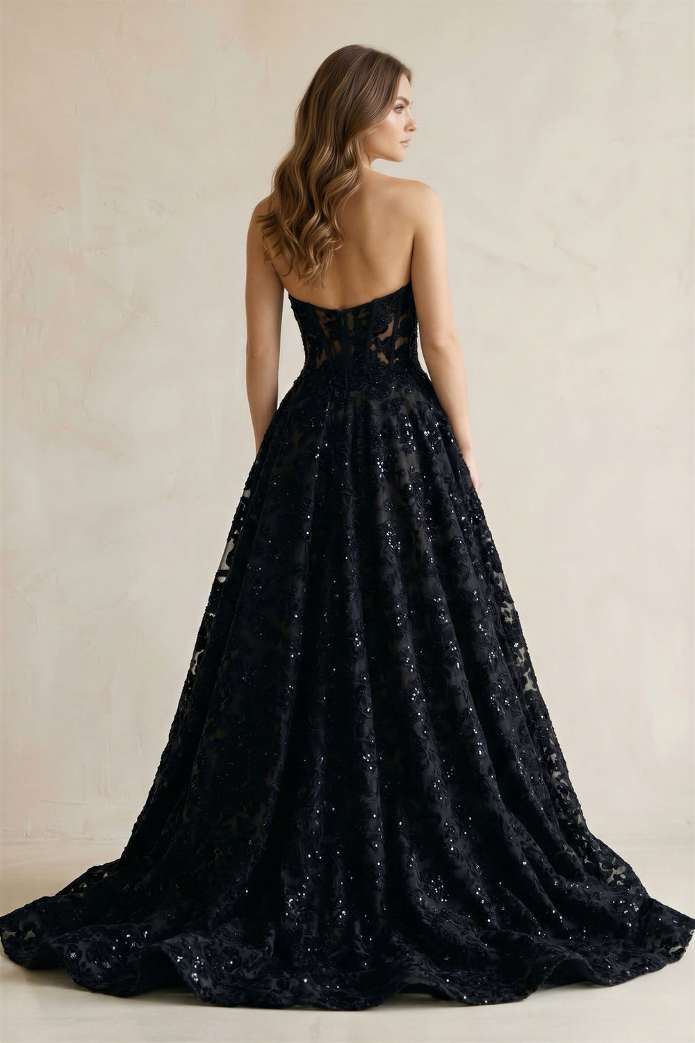 Sweetheart Appliqued Corset Lace Ball Gown Wedding Dress With Slit in Black - KissProm Wedding Dresses