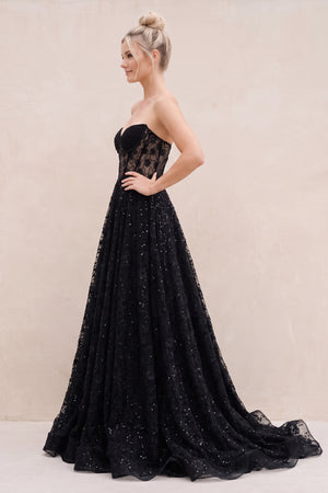 Black Sweetheart Appliqued Corset Lace Ball Gown Wedding Dress With Slit - KISSPROM