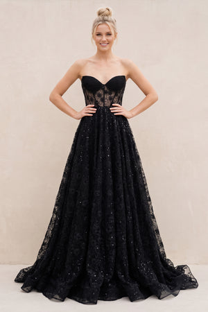 Black Sweetheart Appliqued Corset Lace Ball Gown Wedding Dress With Slit - KISSPROM