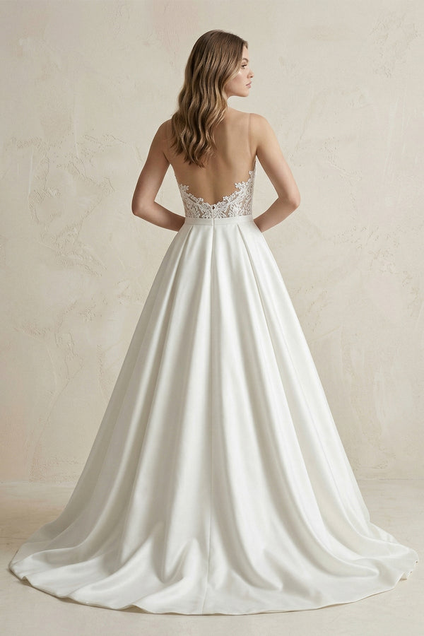 Sweetheart Appliqued Satin Ball Gown Wedding Dress in White - KissProm Wedding Dresses