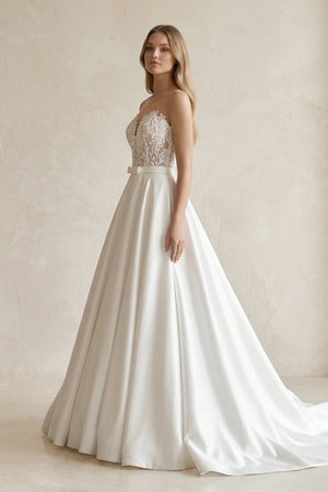Sweetheart Appliqued Satin Ball Gown Wedding Dress in White - KissProm Wedding Dresses