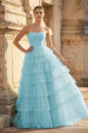 Mint Green Sweetheart Tulle Tiered A - Line Long Prom Dress with Slit - KissProm