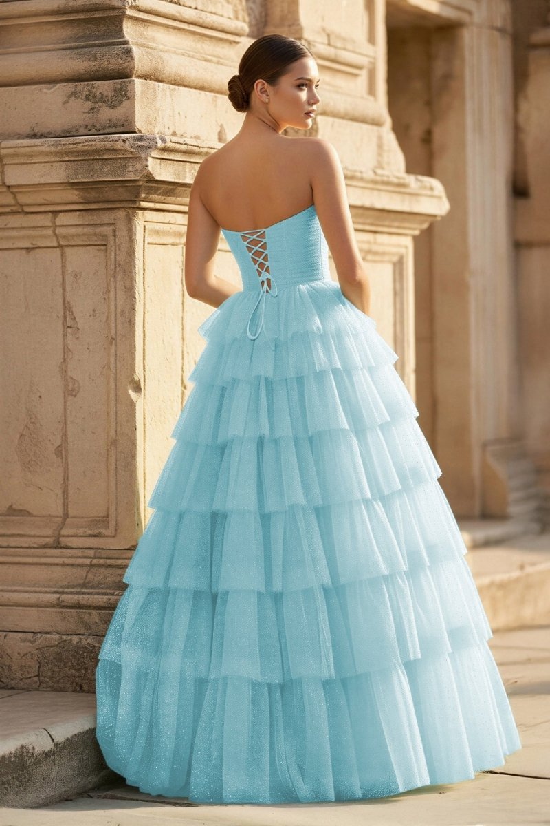 KissProm Mint Green Sweetheart Tulle Tiered A-Line Long Prom Dress with Slit, Aqua / 8
