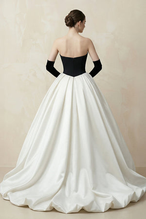 Sweetheart Ball Gown Beaded Satin Wedding Dress With Slit in Black and White - KissProm Wedding Dresses