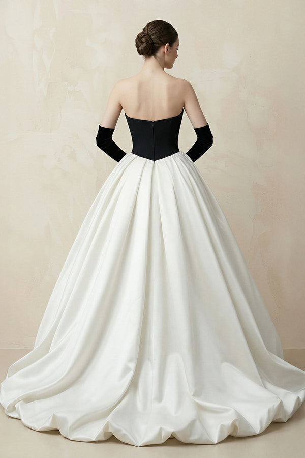 Sweetheart Ball Gown Beaded Satin Wedding Dress With Slit in Black and White - KissProm Wedding Dresses