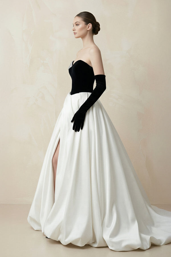 Sweetheart Ball Gown Beaded Satin Wedding Dress With Slit in Black and White - KissProm Wedding Dresses