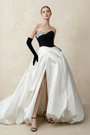 Sweetheart Ball Gown Beaded Satin Wedding Dress With Slit in Black and White - KissProm Wedding Dresses