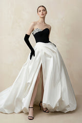 Sweetheart Ball Gown Beaded Satin Wedding Dress With Slit in Black and White - KissProm Wedding Dresses