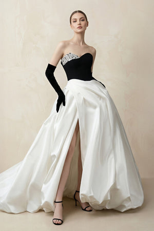 Sweetheart Ball Gown Beaded Satin Wedding Dress With Slit in Black and White - KissProm Wedding Dresses