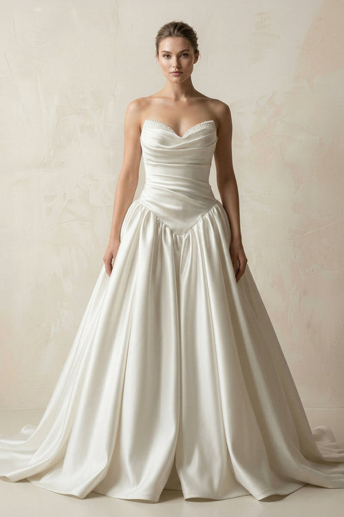 KissProm Sweetheart Ball-Gown Satin Ruched Wedding Dress in White, White / 12