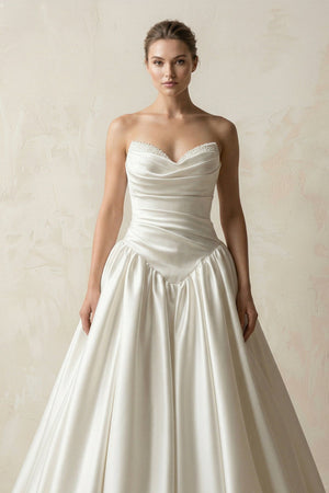Sweetheart Ball - Gown Satin Ruched Wedding Dress in White - KissProm Wedding Dresses