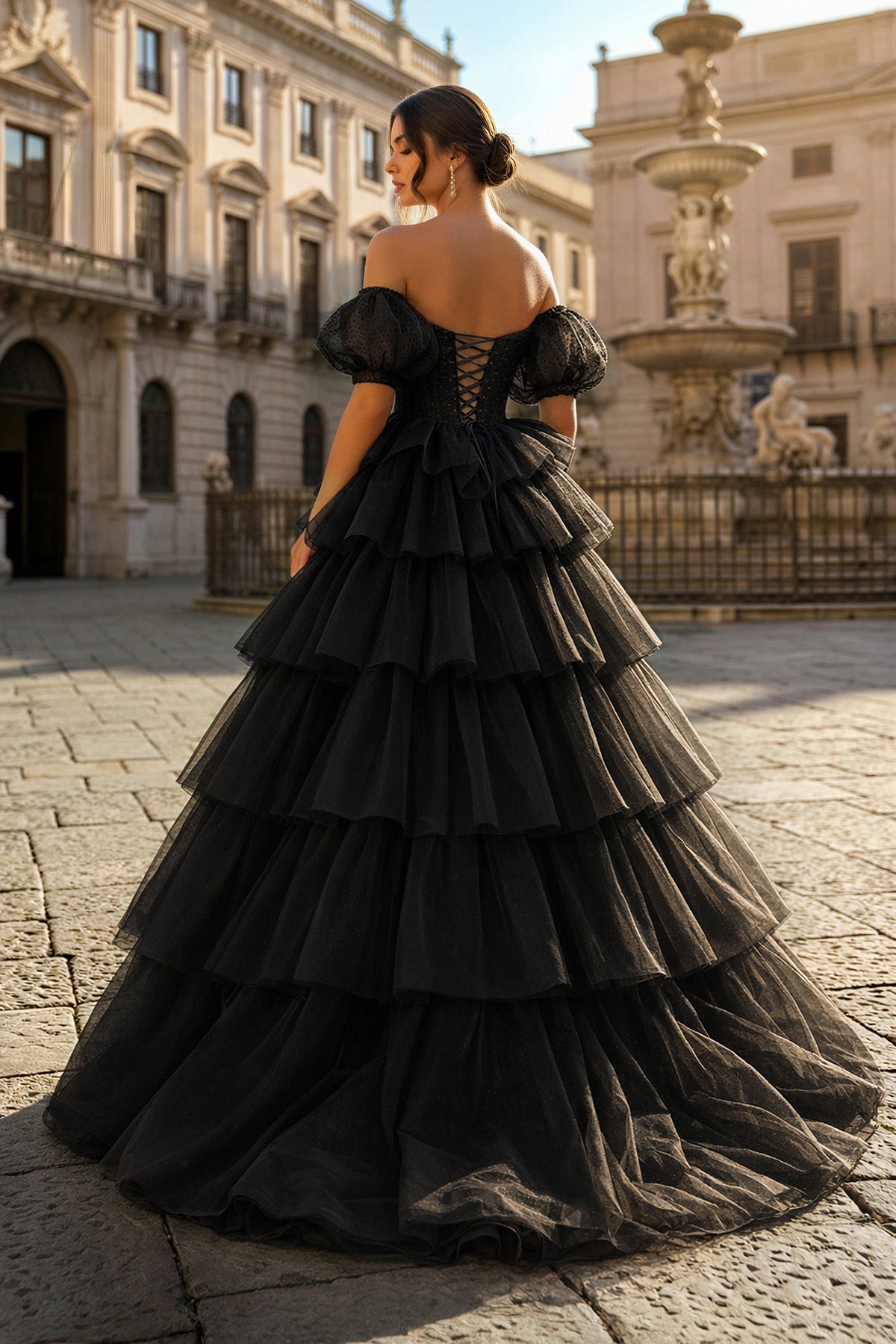 KissProm Sexy Sweetheart Black A-Line Lace Layered Dress with Slit, Black / 14