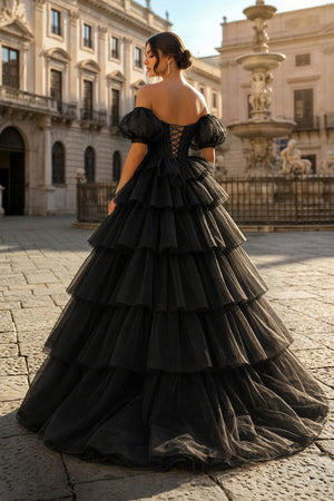 Sexy Sweetheart Black A-Line Lace Layered Dress with Slit - KISSPROM PROM DRESSES