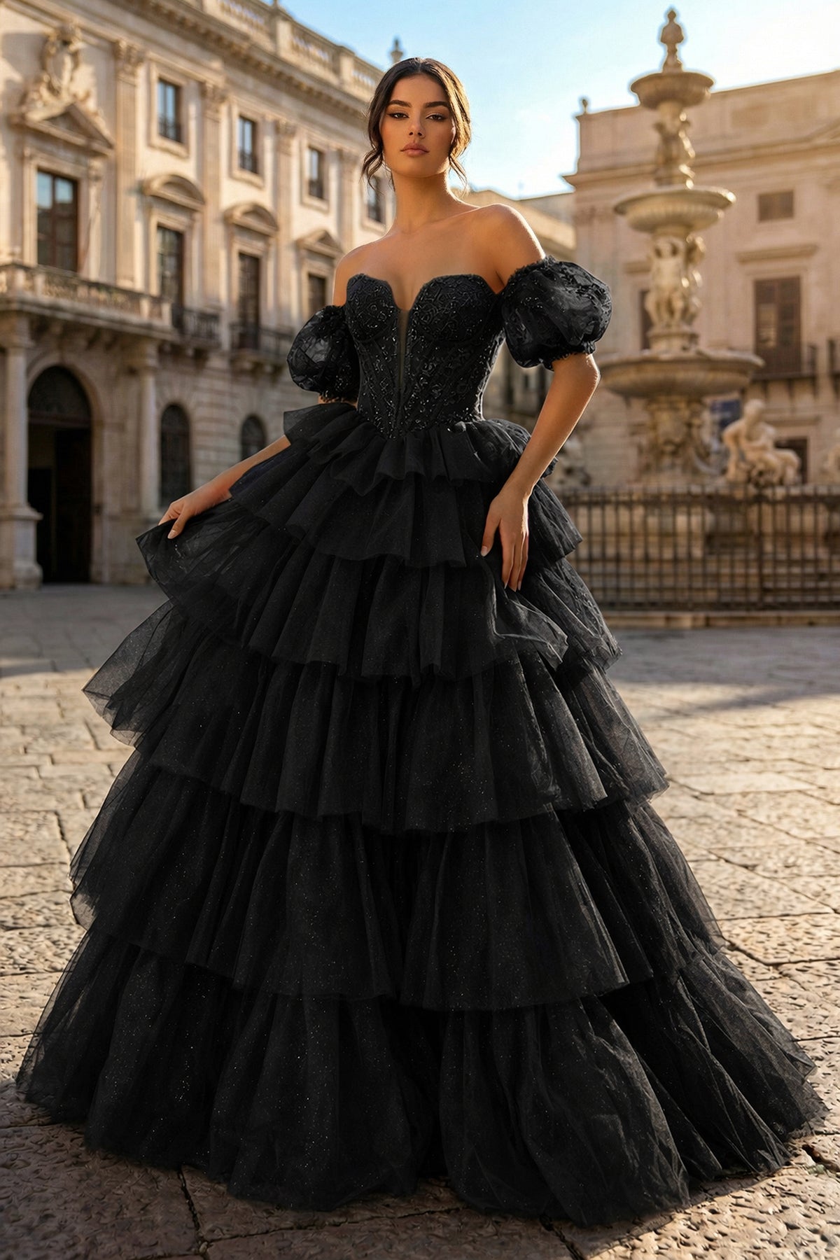KissProm Sexy Sweetheart Black A-Line Lace Layered Dress with Slit, Black / 14