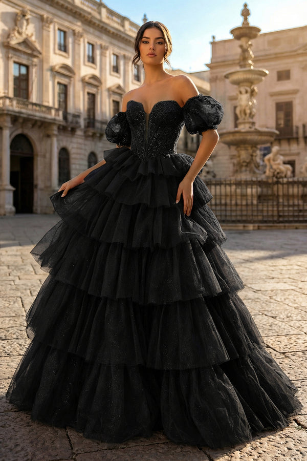 KissProm Sexy Sweetheart Black A-Line Lace Layered Dress with Slit, Black / 14