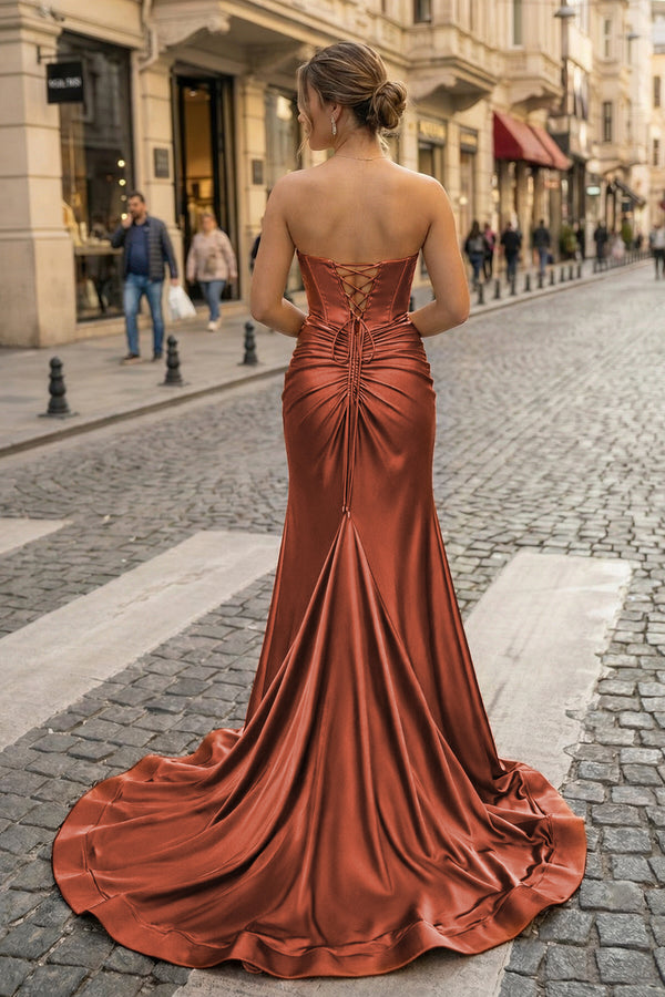 KissProm Sweetheart Satin Mermaid Long Prom Dress, Brown / 18