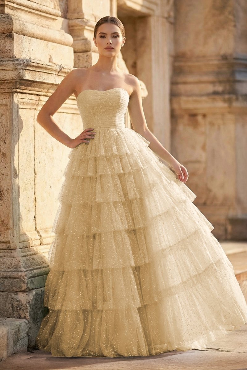 KissProm Mint Green Sweetheart Tulle Tiered A-Line Long Prom Dress with Slit, Champagne / 2