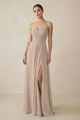 Sweetheart Chiffon A - Line Bridesmaid Dress with Slit in Almond - KissProm Bridesmaid Dresses