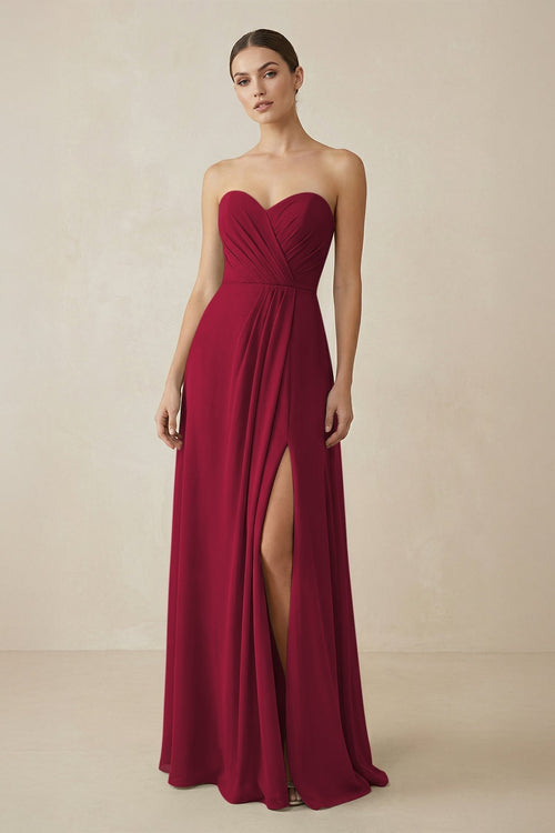Sweetheart Chiffon A - Line Bridesmaid Dress with Slit in Berry - KissProm Bridesmaid Dresses