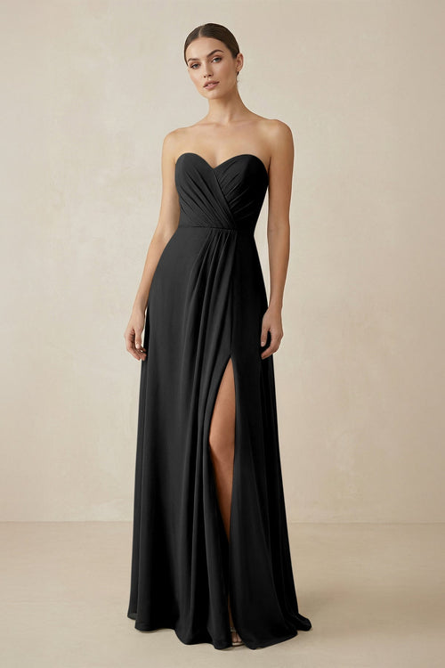 Sweetheart Chiffon A - Line Bridesmaid Dress with Slit in Black - KissProm Bridesmaid Dresses