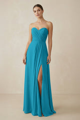 Sweetheart Chiffon A - Line Bridesmaid Dress with Slit in Blue Jay - KissProm Bridesmaid Dresses
