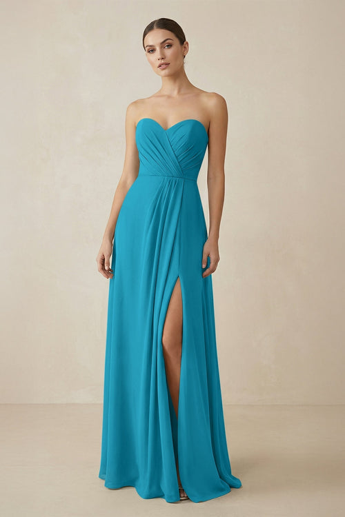 Sweetheart Chiffon A - Line Bridesmaid Dress with Slit in Blue Jay - KissProm Bridesmaid Dresses