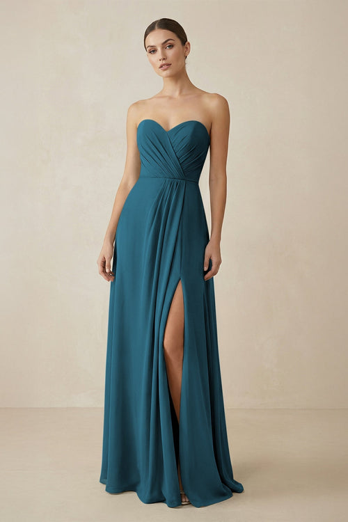 Sweetheart Chiffon A - Line Bridesmaid Dress with Slit in Dark Teal - KissProm Bridesmaid Dresses