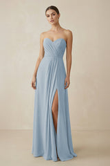 Sweetheart Chiffon A - Line Bridesmaid Dress with Slit in Dusty Blue - KissProm Bridesmaid Dresses